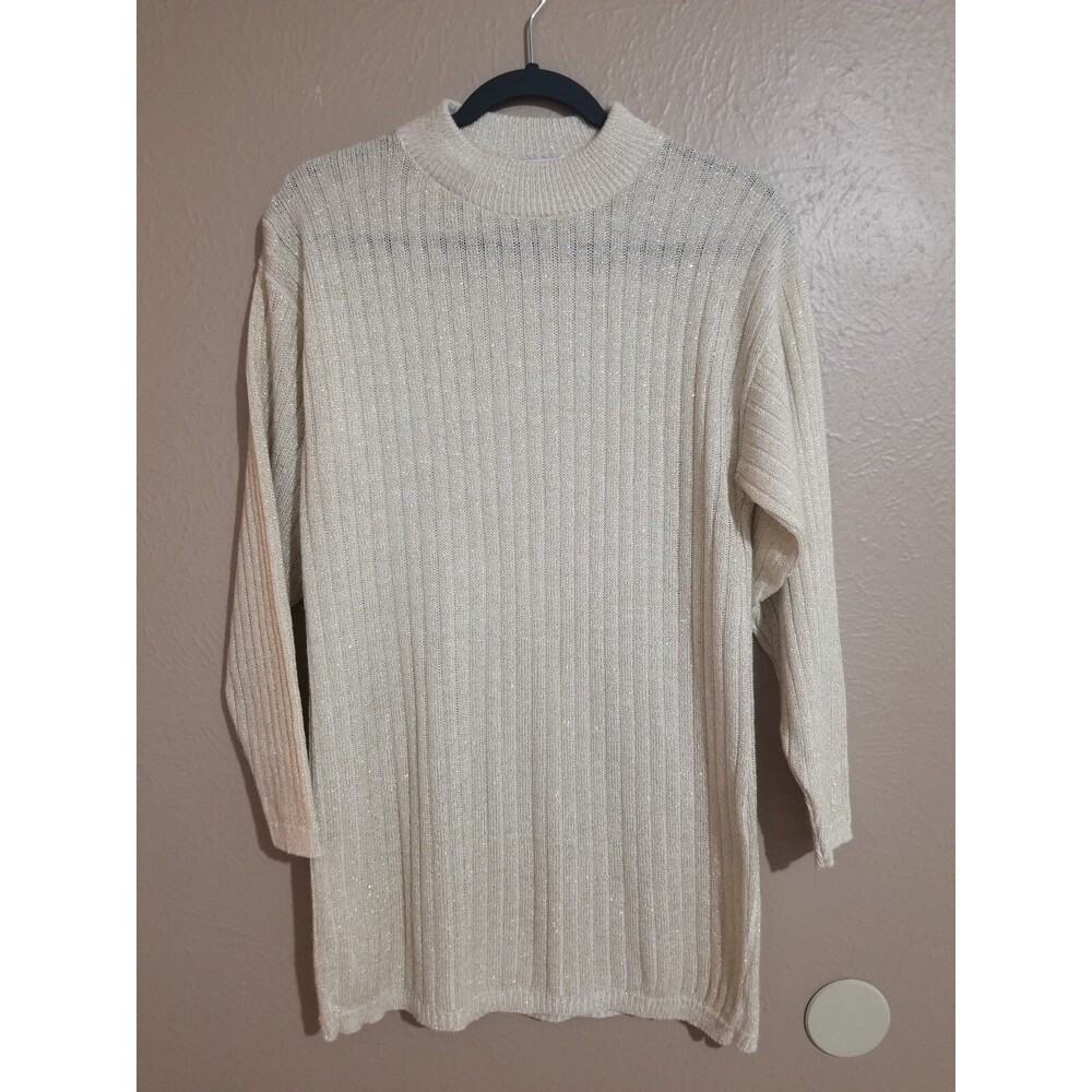 Vintage MATHIAS Ivory Gold Sparkle Womens Sweater Medium Made in USA VTG